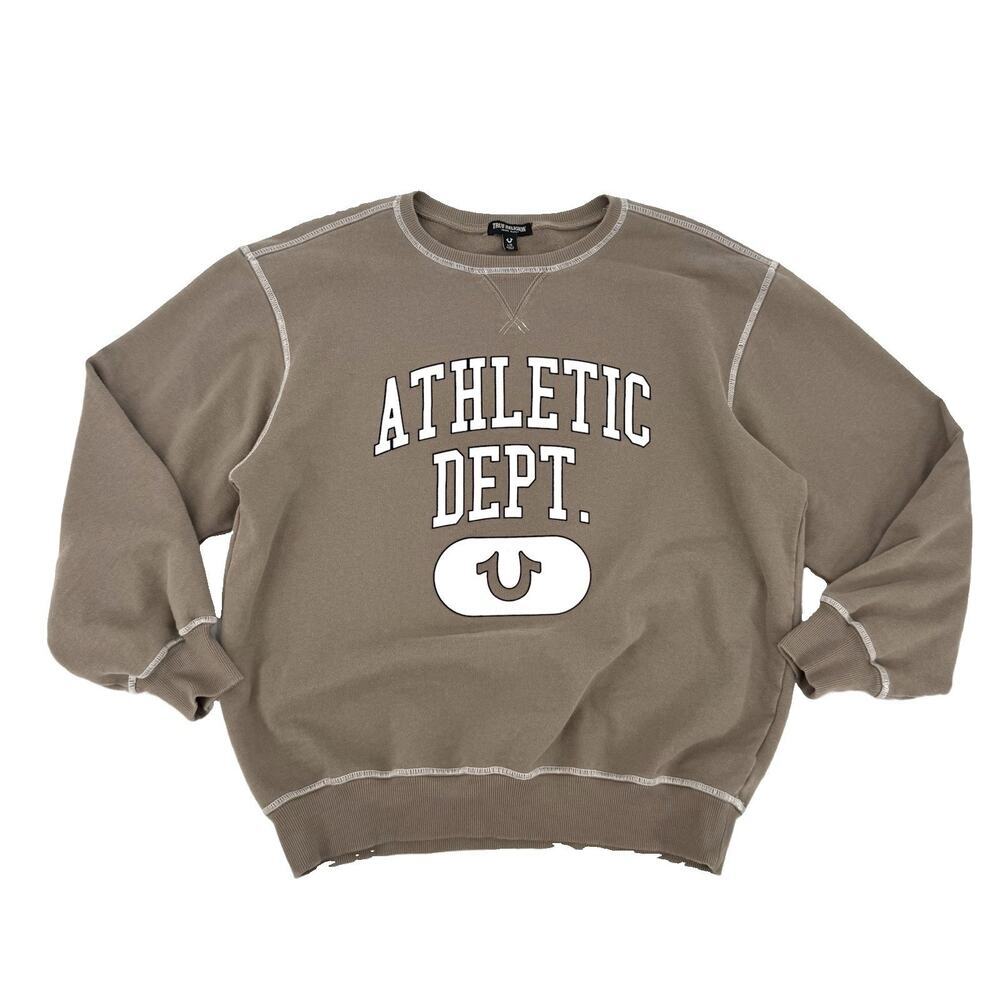 True Religion Beige Crewneck Oversized Sweatshirt LARGE Graphic Logo Pullover